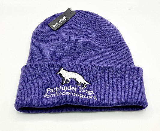 Purple Beanie hat showing Pathfinder Dogs logo