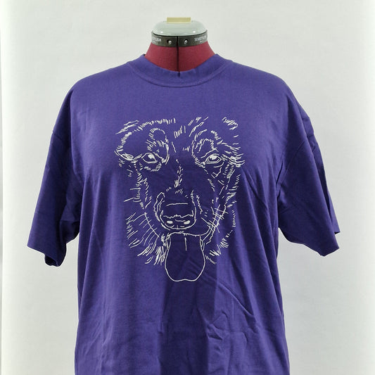 Purple T-shirt with sketch drawing of Karma as a puppy